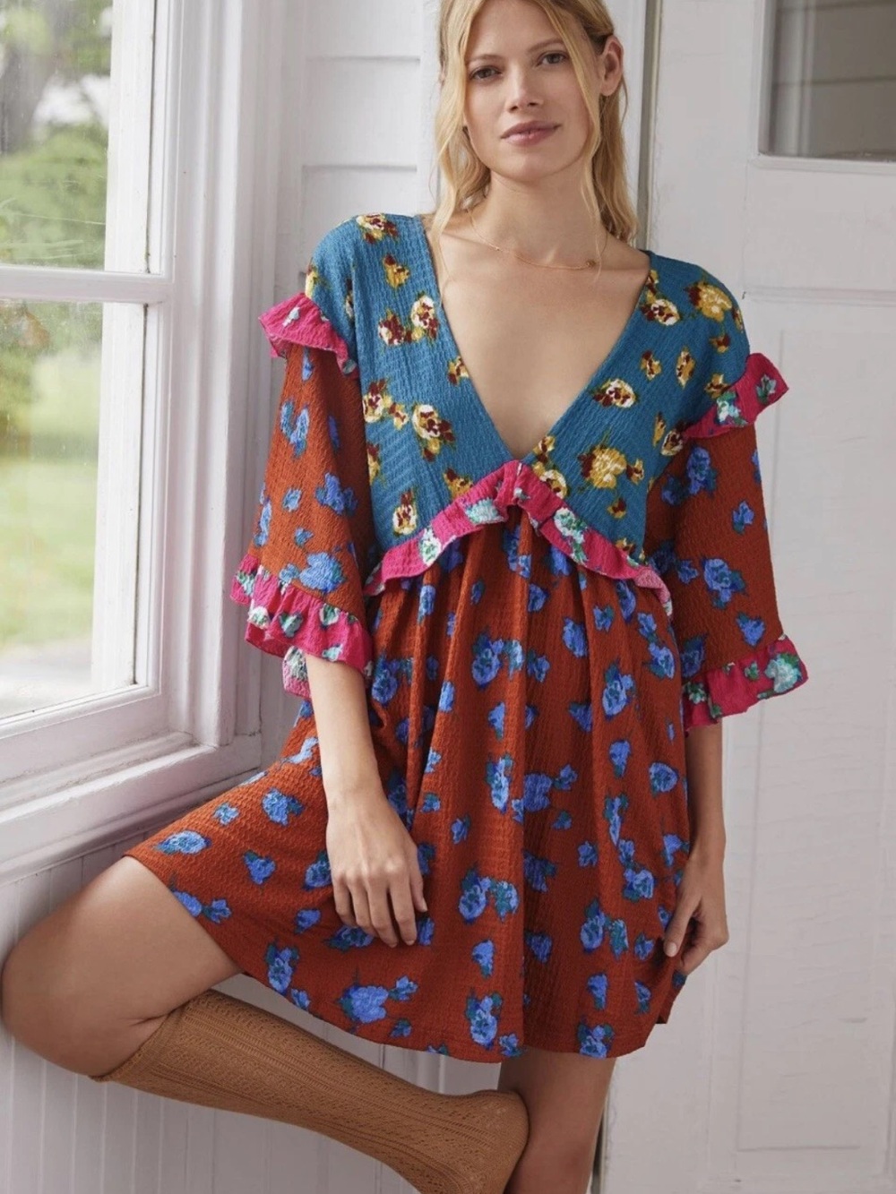 NWT By Anthropologie Floral Ruffled Deep V-Neck Babydoll Mini Dress Size XSP